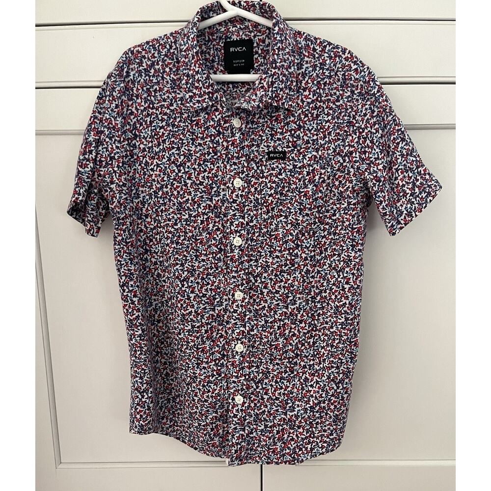RVCA Button-Down Short-Sleeve Boys Shirt size S floral print blue red white